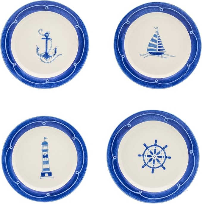Euro Ceramica Ahoy Collection Nautical 12 Piece Dessert Set | Service for 4 | Assorted Designs Blue &amp WhiteStandardAHO-86001