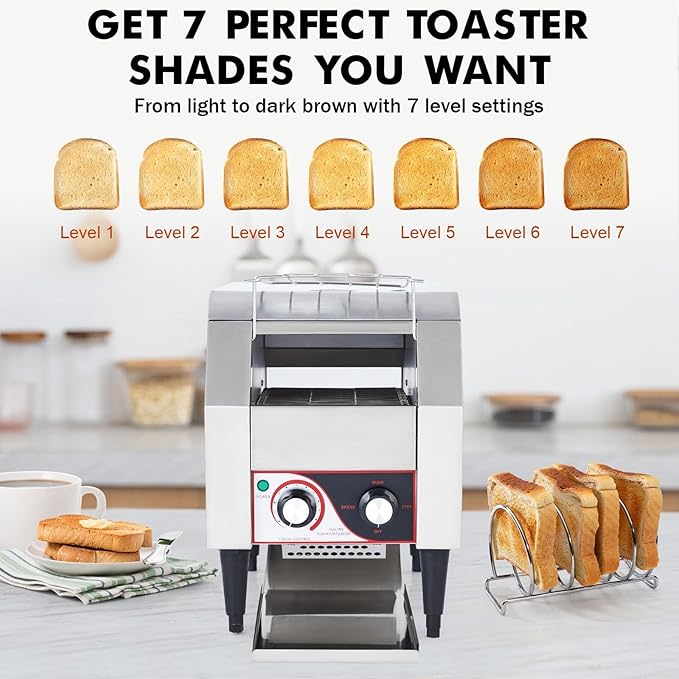 Commercial Conveyor Toaster 450 Slices/Hour Stainless Steel Toaster Oven with Dual Heating &amp 7-Speed Belt for Bagels/Buns/Bread in Cafes/Buffets