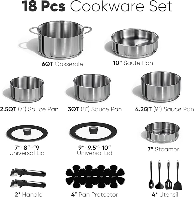 CAROTE 18pcs Stainless Steel Cookware Set with Detachable Handle Nonstick Pots and Pans Set Induction Kitchen Cookware Sets with Removable Handle RV Cookware Set Oven Safe Camping Cookware Black