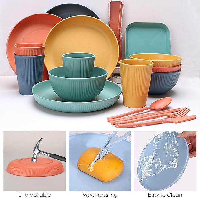 48 Pcs Dinnerware Sets Unbreakable Plates and Bowls Sets Reusable Dinnerware Sets for 4 People Travel Camping Picnic Home Party Cutlery Set Dishwasher Microwave Safe Dishes