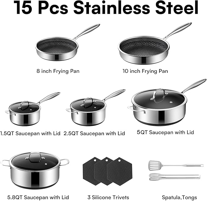 15-Piece 5 Ply Stainless Steel Cookware Set with Lids Pots and Pans Set Non Stick Non-Toxic Kitchen Utensils Set for Induction Oven Dishwasher Safe RV Essentials Kitchen Appliances
