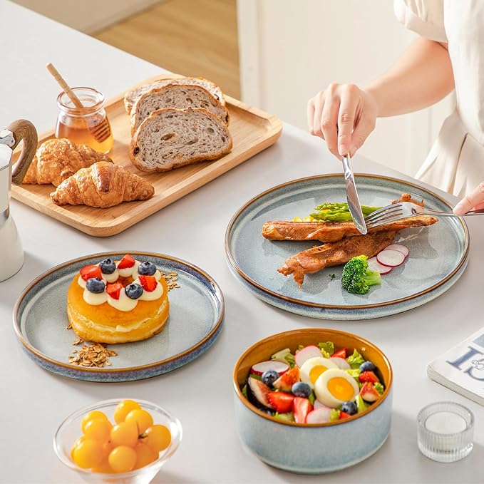 vancasso ONION Ceramic Plates and Bowls Sets 24 Pieces Light Blue Dinnerware Sets for Kitchen Reactive Glaze Dishes Set for 8 Dishwasher and Microwave Safe