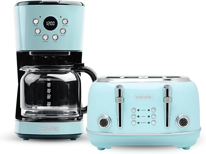 Haden 12 Cup Programmable Drip Coffee Maker Coffee Machine Bundled with Heritage 4 Slice Wide Slot Stainless Steel Toaster Turquoise &amp Chrome