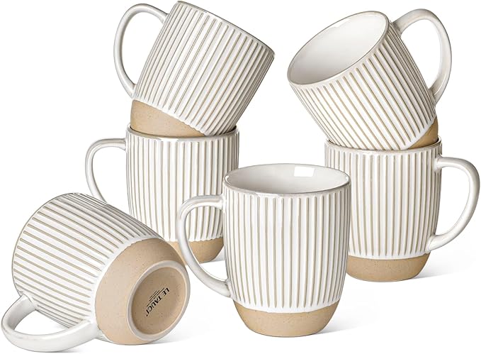 LE TAUCI Coffee Mugs 16 ozCeramic Mug Set Embossment Cups for Latte Hot Tea Cappuccino Mocha CocoaSuit For Housewarming Wedding- 3.8 inch Set of 6 Arctic White