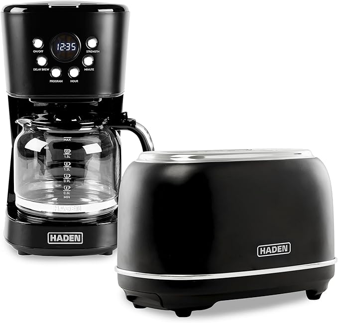 Haden 12 Cup Programmable Drip Coffee Maker Coffee Machine Bundled with Heritage 2 Slice Wide Slot Stainless Steel Toaster Turquoise &amp Chrome