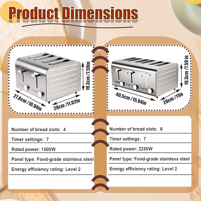 4/6 Slots Toaster with Extra Wide Slots Stainless Steel Dual Independent Controls Bagel Reheat Defrost Cancel High-Lift Lever Home Kitchen or Commercial Use(4 Slots)