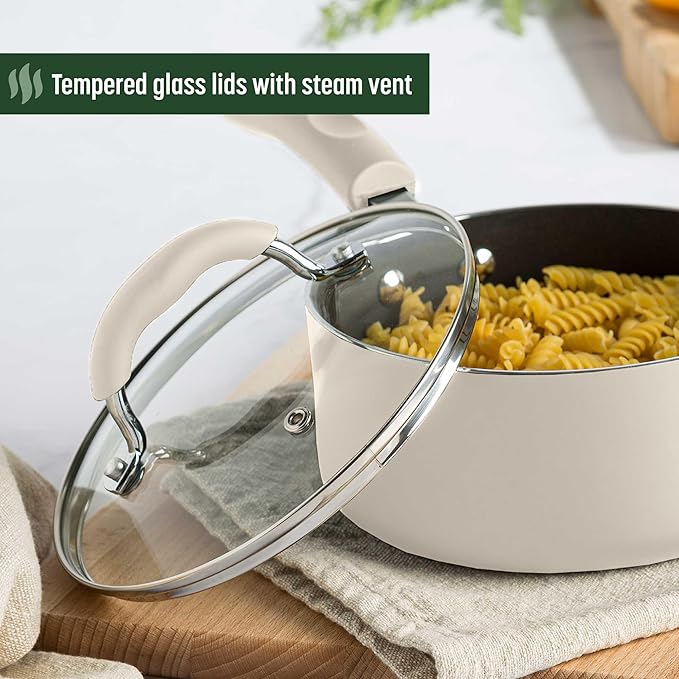 Goodful Ceramic Nonstick Pots and Pans Set Premium Ceramic Coating Made without PFOA PTFE or PFAS Dishwasher Safe 12-Piece Cream