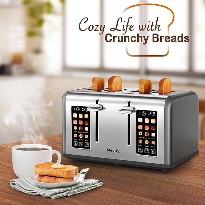 Mecity 4 Slice Toaster with Touch Screen Control 4 Wide Slots Stainless Steel Smart Bread Toaster for Bagels Muffins Waffles Dual Control Panel Timer Defrost Reheat 120V 1650W Pearl Grey