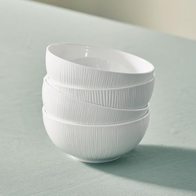 16Piece Bone China Dinnerware Set with Radial Stripe Texture Embossed Plates Bowls mugs Chip-Resistant Lightweight Elegant and Durable Service for 4 White