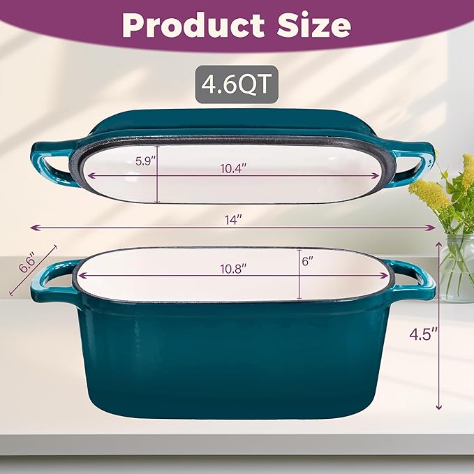 4.6-Quart Oval Dutch Oven for Bread Baking 2 in 1 Enameled Cast Iron Bread Pan with Lid Sourdough Bread Dutch Oven for a Crispy Crust Teal