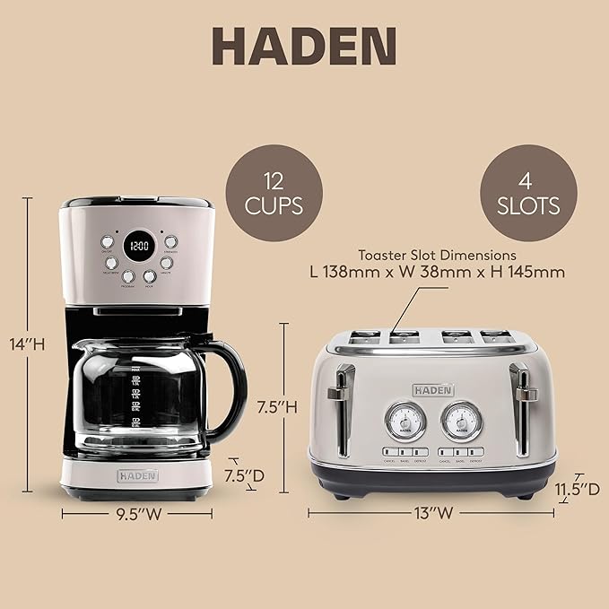 Haden 12 Cup Programmable Drip Coffee Maker Coffee Machine Bundled with Dorset 4 Slice Wide Slot Stainless Steel Toaster Putty &amp Chrome
