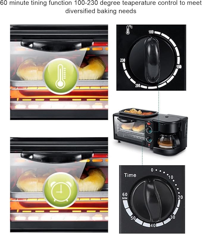Breakfast Station 3 in 1 Toaster Oven ＆ Coffee Maker Large Capacity Versatile Breakfast Maker with 100°C-230°C Adjustable Temperature and 60min Timer for Apartments Kitchen