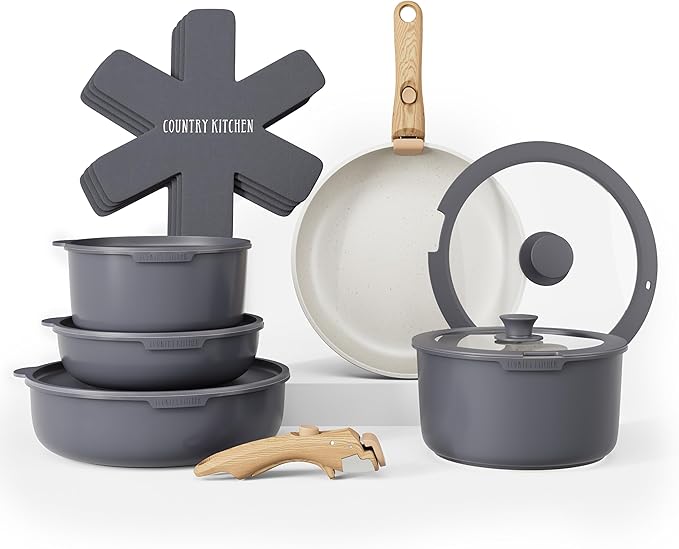Country Kitchen Cookware Set with Removable Handle Oven &amp RV Safe Pots and Pans Set Grey/Ivory Wood Handle Original
