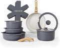 Country Kitchen Cookware Set with Removable Handle Oven &amp RV Safe Pots and Pans Set Grey/Ivory Wood Handle Original