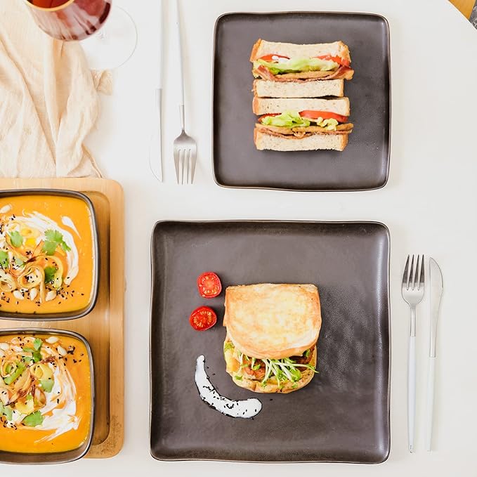 Stone Lain Jonny Stoneware 12 Piece Dinnerware Set Home Kitchen Modern Square Dish Set with Dinner Plates Salad Plates &amp Bowls Brown