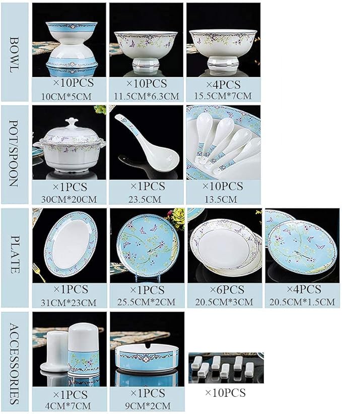 65 pcs Dinnerware Set Serves for 10 People Line Drawing Decoration Bone China Tableware SetPremium Quality Porcelain Dishes/Plate/BowlDishwasher &amp Microwave SafeBlue (60pcs Serves for 10)