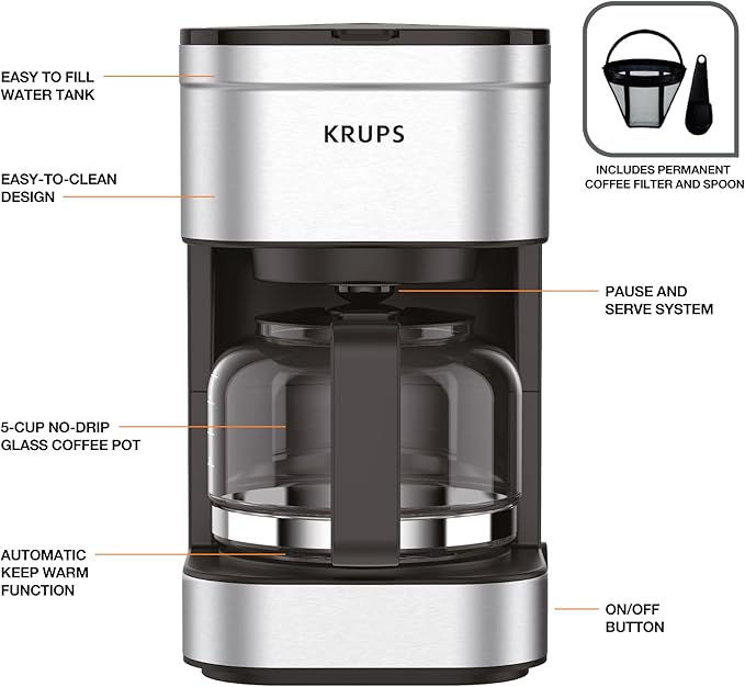 KRUPS Simply Brew Compact 5 Cup Coffee Maker: Stainless Steel Design Pause &amp Brew Keep Warm Reusable Filter Drip-Free Carafe