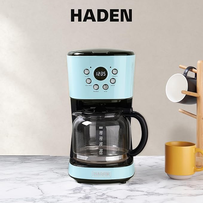 Haden Coffee Machine 12 Cup Programmable Drip Coffee Maker with Auto Shut-Off Function and Reusable Washable Water Filter Turquoise &amp Chrome