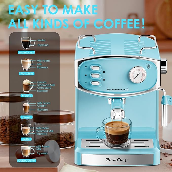 Espresso Machine for home- Professional Compact Espresso Maker with Milk Frother Steam Wand Pressure Gauge &amp 54oz Large Water Tank Low Noise Fast Brewing for Cappuccino Latte