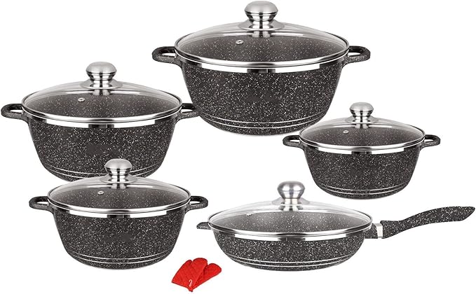 Pots and Pans Sets Nonstick Cookware Sets Granite Cooking Pots and Pans with Glass LidsMarble Coated Aluminium Home Kitchenware with SaucepansFrying PanStock Pot10 Piece
