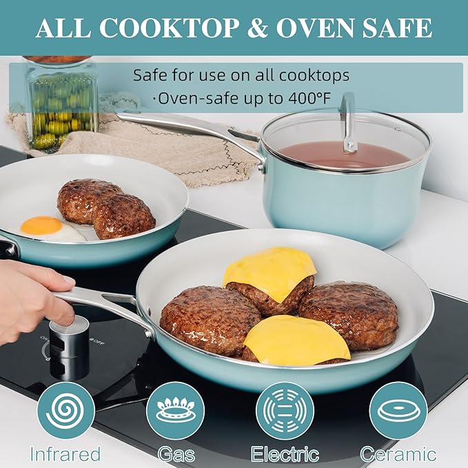 Kitchen Pots and Pans Set Non Stick 11 Pcs Ceramic Cookware Set with Stay-Cool Handle Pot and Pan Set NonToxic PFOA/PFAS Free Dishwasher/Oven Safe Evenly Heats Enamel Exterior - Teal