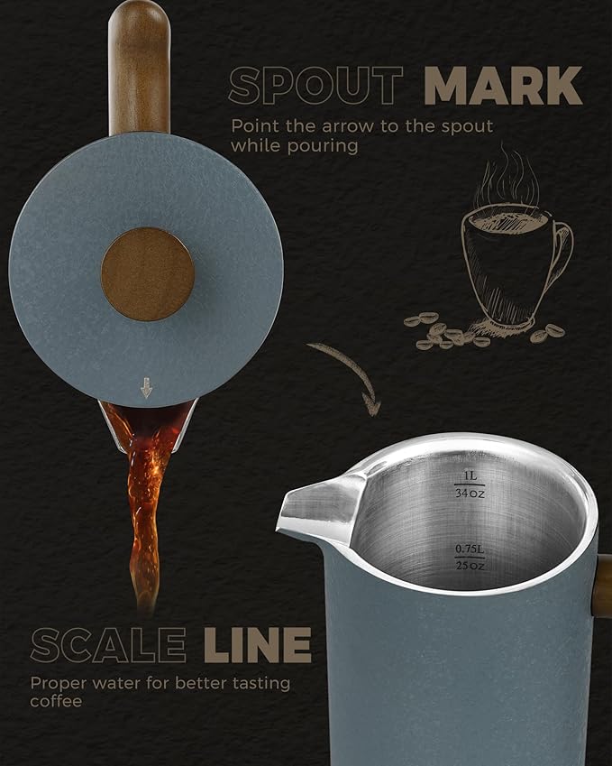 POLIVIAR French Press Coffee Maker 34 Ounce Coffee Press with Real Wood Handle Double Wall Insulation &amp Dual-Filter Screen Food Grade Stainless Steel for Good Coffee and Tea JX2023-FPLU