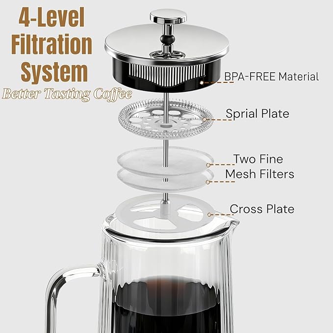 Glass French Press Coffee Maker 34oz Double Wall Heat-Resistant Borosilicate Glass Coffee Press with Stainless Steel 4-Level Filtration Also Fit for Tea