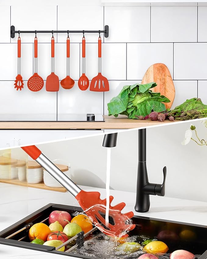 Silicone Cooking Utensil Set 8Pcs Non-stick Cookware with Stainless Steel Handle BPA Free Heat Resistant Kitchen Tools with Spatulas Turners Spoons Skimmer and Pasta Fork (RED)