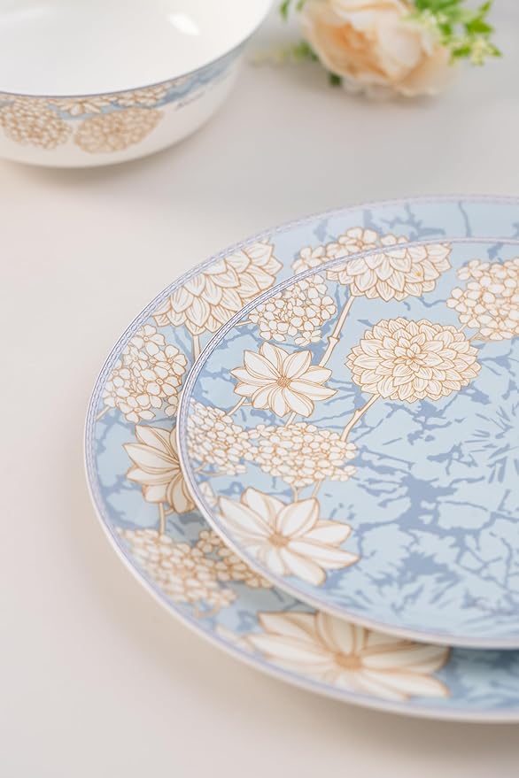 High Bone China Dinnerware Set 12-Piece Artistic Blue Plates and Bowls Lightweight &amp Chip Resistant Ceramic Service for 4 Dishwasher Safe Elegant Kitchen Dining