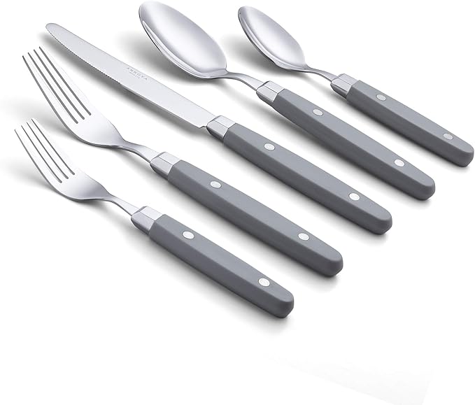 ANNOVA Silverware Set Retro/Rivet Colorful Stainless Steel Tableware Kitchen Flatware Set Utensils Includes Dinner Knives Forks Spoons Salad Forks &amp Dessert Spoons (Gray 20 Pieces)