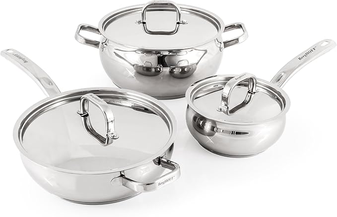 BergHOFF Belly Shape 18/10 Stainless Steel 12Pc Cookware Set Metal Lids Fast Evenly Heat Induction Cooktop Ready
