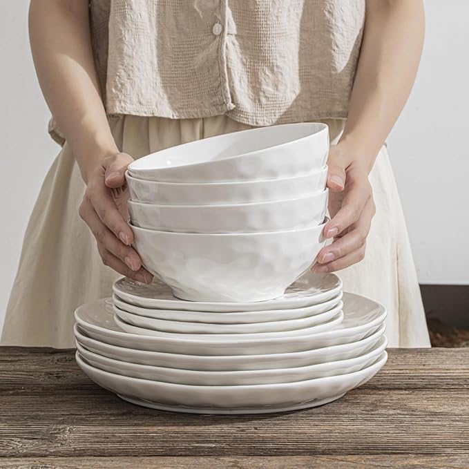 HOMBENE Large Dinnerware Set 16 Piece Service for 4 Plates and Bowls Sets High-fired at 2372°F for Dessert Salad and Pasta Dishes Set w/Cereal Bowls