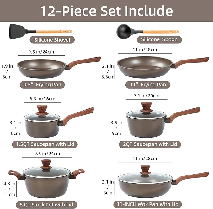 12Pcs Pots and Pans Set Nonstick Cookware Sets Non Stick Pots and Pan Set with Frying Pans Saucepans Steamer Silicone Shovel Spoon