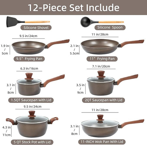 12Pcs Pots and Pans Set Nonstick Cookware Sets Non Stick Pots and Pan Set with Frying Pans Saucepans Steamer Silicone Shovel Spoon