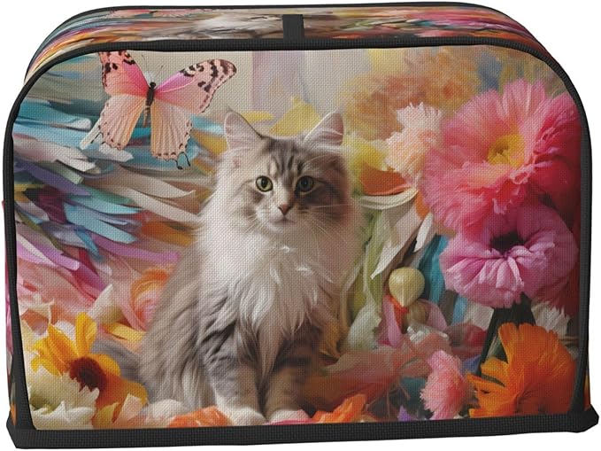 Sitting grey cat Toaster cover suitable for wide slot design with side storage bag easy to clean dustproof suitable for kitchen.