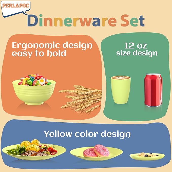Wheat Straw Dinnerware Set 40-Piece Service for 8 Unbreakable Dishes Set Plates and Bowls Sets Drinking Glasses Microwave Safe Dish Set Lightweight Dinnerware Set for Home &amp Kitchen - Yellow