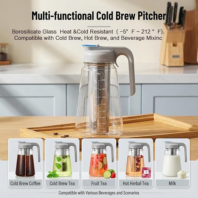 ECORELAX Cold Brew Coffee MakerHigh Transparency Borosilicate Glass Container with Stainless Steel Filter Iced Tea Pitcher with LidModern Style Ergonomic HandleSpill-proof Lid (（Gray 64oz)