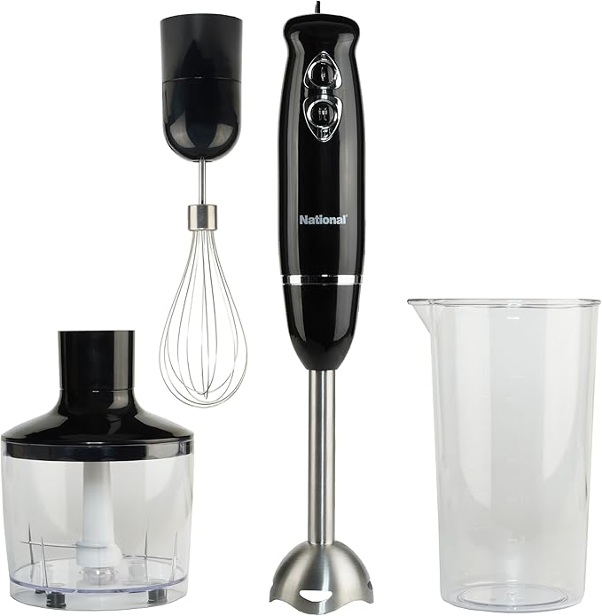 National NA-3104HB 4-in-1 Multi-Purpose Immersion Hand Blender Blend Puree Mash Chop and Whisk Two Speeds Splash Control and ETL Approved with Interchangeable Attachments (Black)