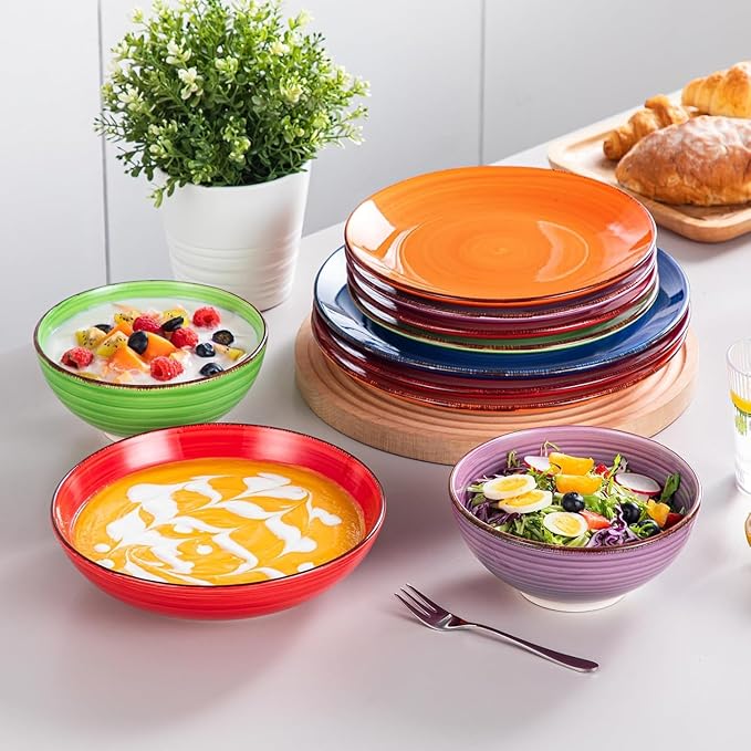 vancasso Bonita Dinnerware Sets 24 Pieces Multicolor Stoneware Dinner Set for 6 Handpainted Spirals Pattern Ceramic Plates and Bowls Sets Kitchen Plate Set