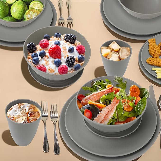 Wrova 40Pack plates and bowls sets for kitchen - Unbreakable wheat straw dinnerware sets service for 8 - Alternative plastic 40pcs dish sets for picniccamping and R.V. - (Grey)