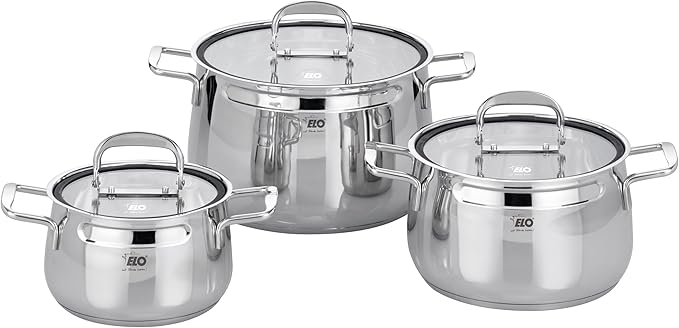 ELO Induction Cookware Set Stainless Steel Ceramic and Gas with Measuring System and Measuring Scale Diameter 160 x 10.5 cm Diameter 20 x 12.5 cm and Diameter 24 x 15.5 cm Set of 3