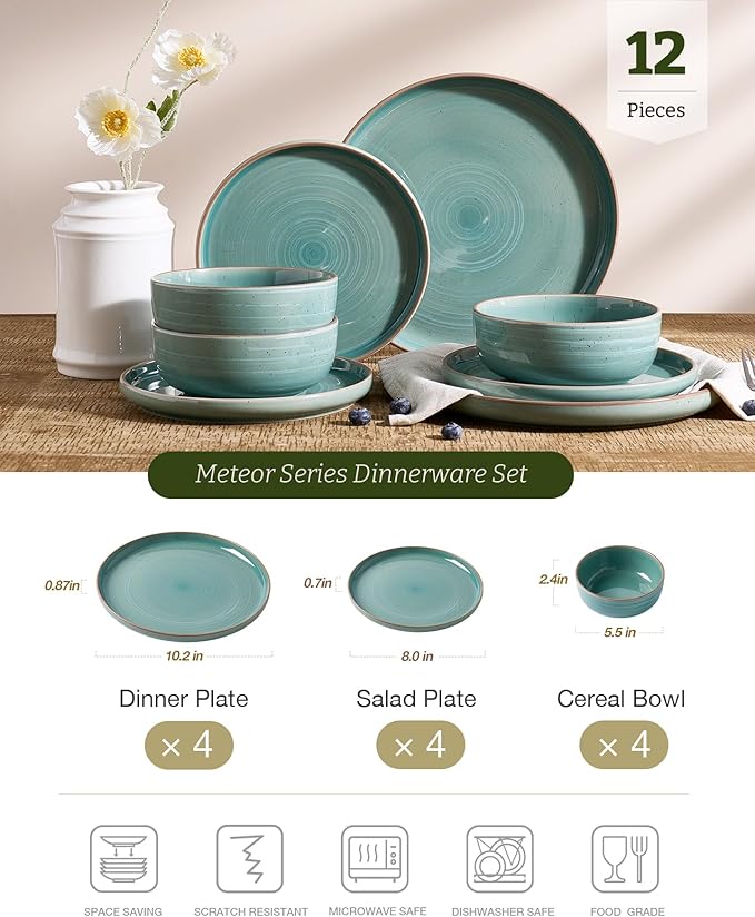 Famiware Meteor Plates and Bowls Sets for 4 12 Pieces Dinnerware Sets Microwave and Dishwasher Safe Dishes Set Peacock Green