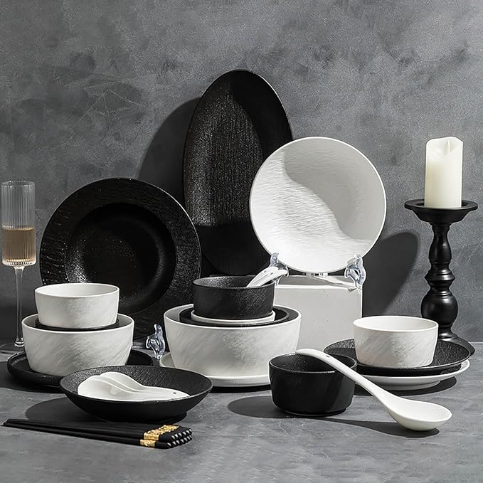 28/30 Pieces Dish Sets for 6 Black and White Serving Plates and Bowls Sets Frosted Texture Dinnerware Set Hard and Durability Scratch Resistant Dishware Set Dishwasher &amp Microwave &amp Oven Safe(