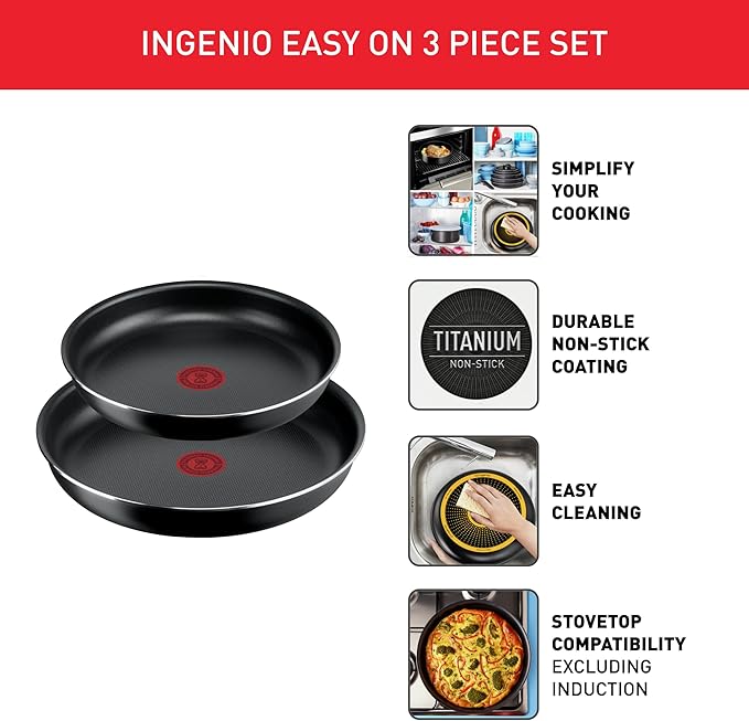 Tefal Ingenio Easy ON 3 Piece Non-Stick Pan Set 24&amp28 cm Frying Pans Bakelite Handle Easy Cleaning Heat Indicator All Hobs Compatible Except Induction Black L1599302
