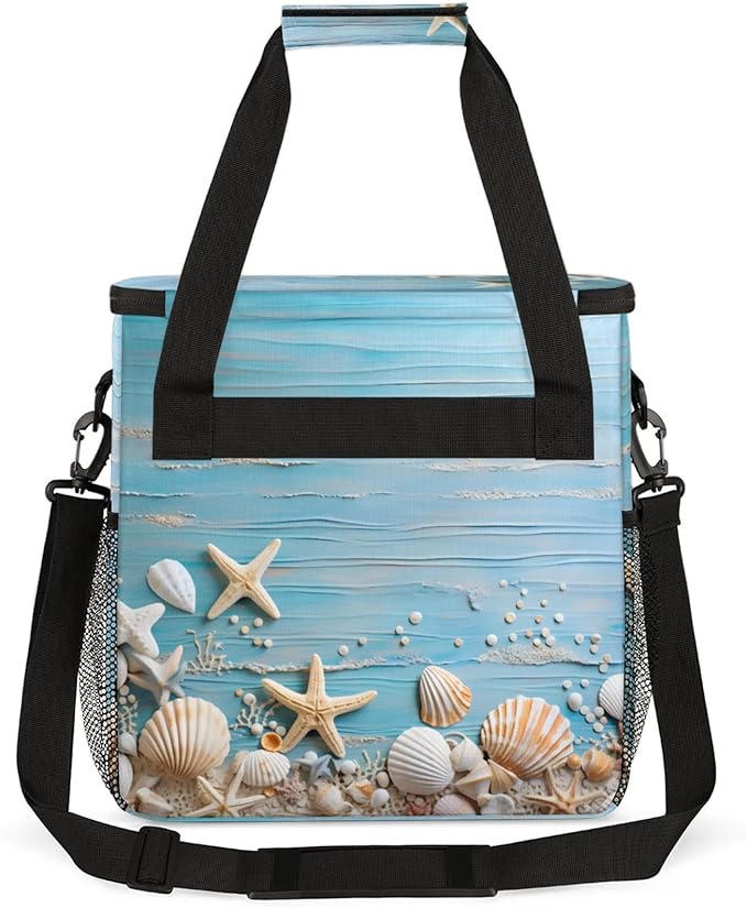 Beach Sea Shells Starfish Coffee Maker Travel Bag for Keurig K-Mini/K-Mini Plus Insulated Waterproof Tote with Pockets for K-Cup Portable Single-Serve Brewer Case