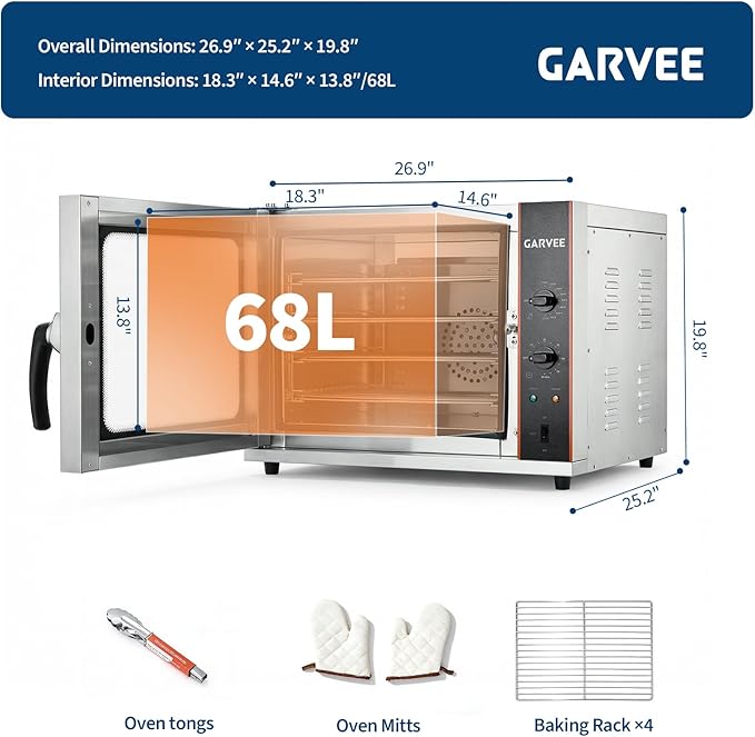 Garvee Commercial Convection Oven Countertop 68L/60Qt 1750W Toaster 4-Tier Electric Oven w/Front Glass Door Trays Wire Racks Clip Gloves 120V