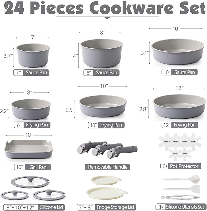 SENSARTE 24 Piece Ceramic Pots and Pans Set Nonstick Detachable Handle Cookware Induction Kitchen Cookware Set with Removable Handle Healthy Non Stick for RV Dishwasher＆Oven Safe PFOA Free (Gray)