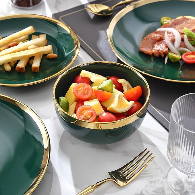Modern 16 Piece Porcelain Green and Gold Dinnerware Set Stoneware Dinnerware Sets for 4 Plates and Bowls Sets Dish Set with Gold TrimDishes