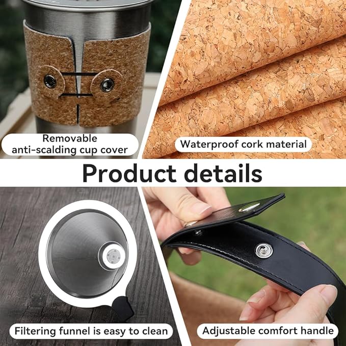Pour Over Coffee Maker Set for Outdoor Camping Travel ALL in 1 Portable Stainless Steel Coffee Kits with Manual Coffee Grinder Gooseneck Kettle Cup Bean Pot
