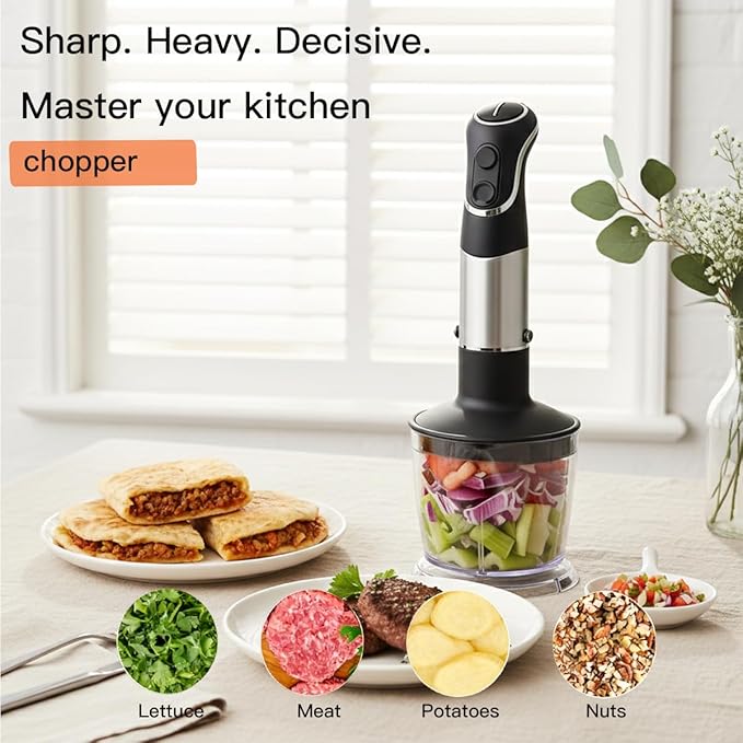 Megawise HB-2035 5-in-1 Immersion Hand Blender 800W Ultra-Powerful Stick Blender with Variable Speed &amp Turbo Stainless Steel Shaft Includes Whisk Frother Chopper Bowl &amp 600ml Beaker